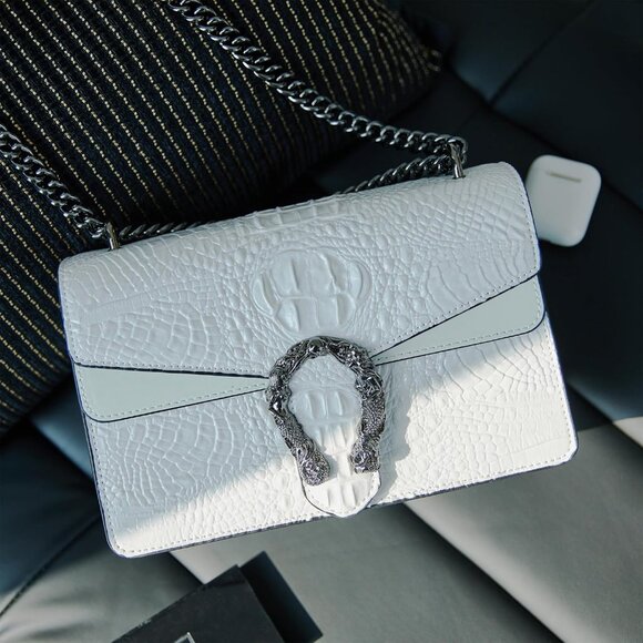 ⚡ Women's Crocodile White Snake Leather Print Casual Satchel Crossbody Handbag - Picture 2 of 7